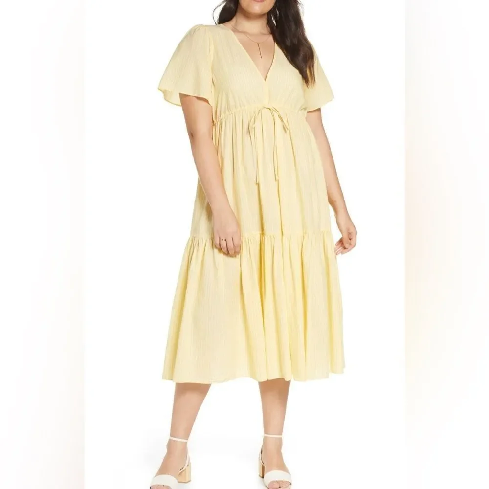 Madewell Cotton Striped Short Sleeve V-neck Midi Dress Size S
